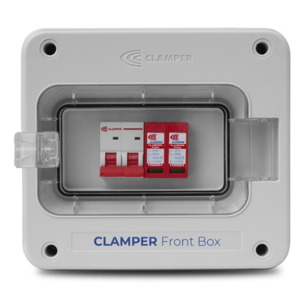 Quadro de Proteção CLAMPER Front Box 275V 20kA 2P 40A IP65 – DPS Classe II para Inversores e Microinversores Fotovoltaicos 025479